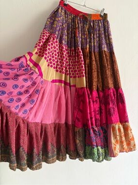 Bohemian Patchwork Silk Sari Maxi Skirt
